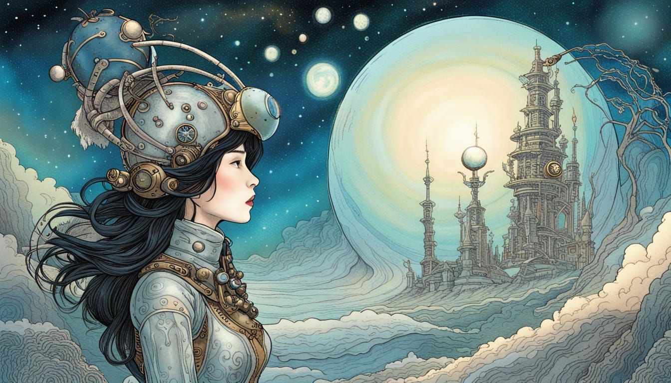 Steampunk Ansible Transmits Signals in Arthur Rackham Style