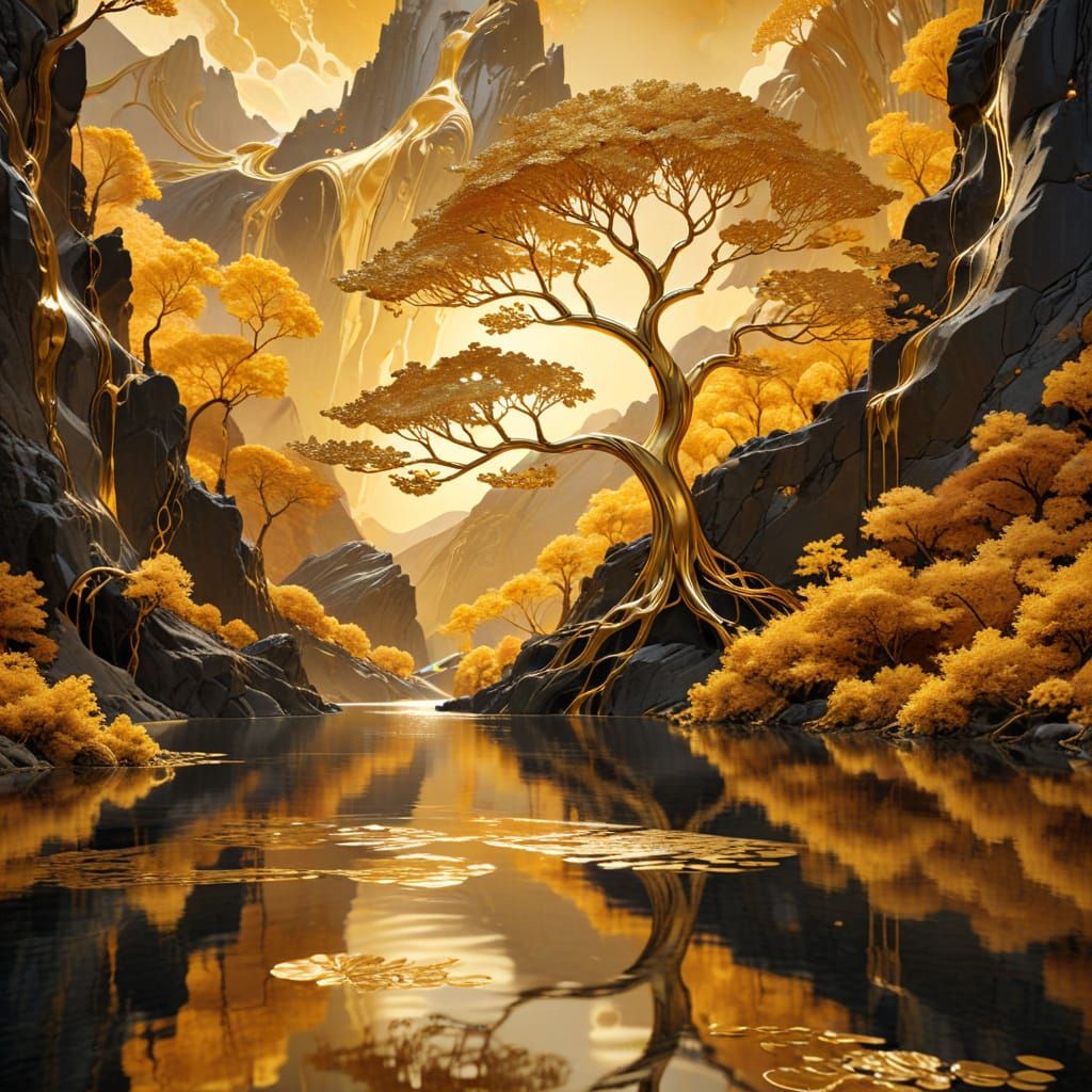 Luxurious Gold Leaf Tree in Art Nouveau Style