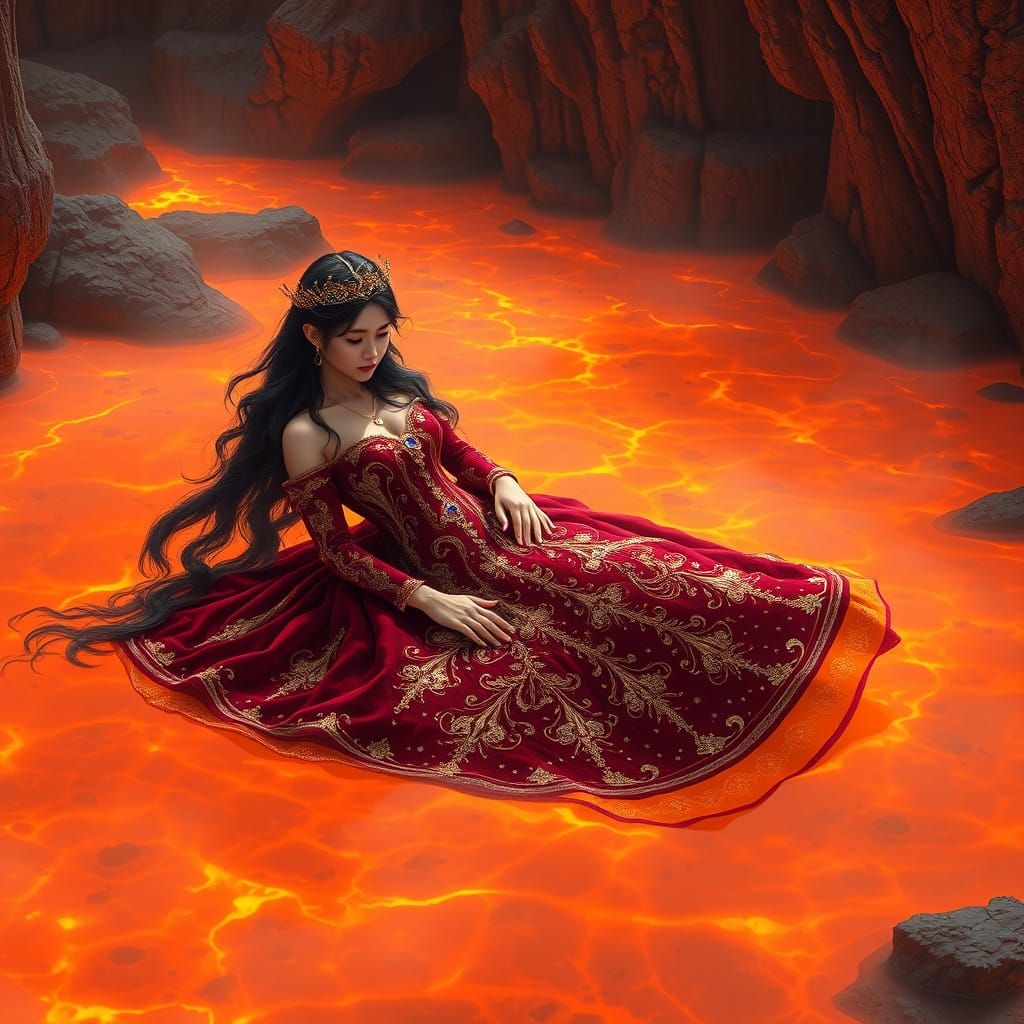 Serene Princess Amidst Fiery Lava Lake in High-Fantasy Realm