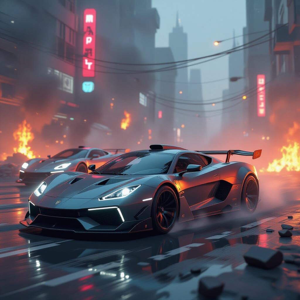 Armored Cars Race Through Cyberpunk Cityscape