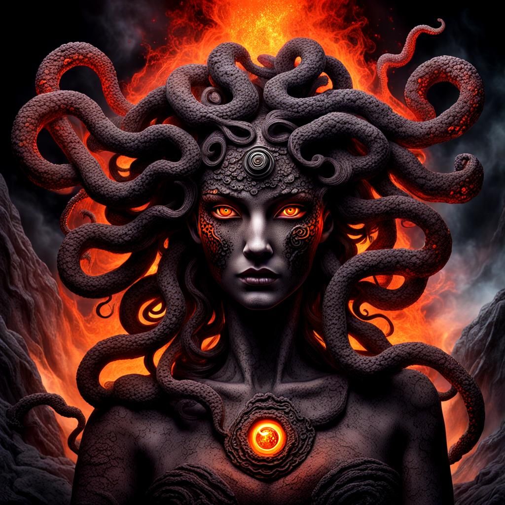Volcanic Medusa with Lava Eyes in Dark Fantasy Style