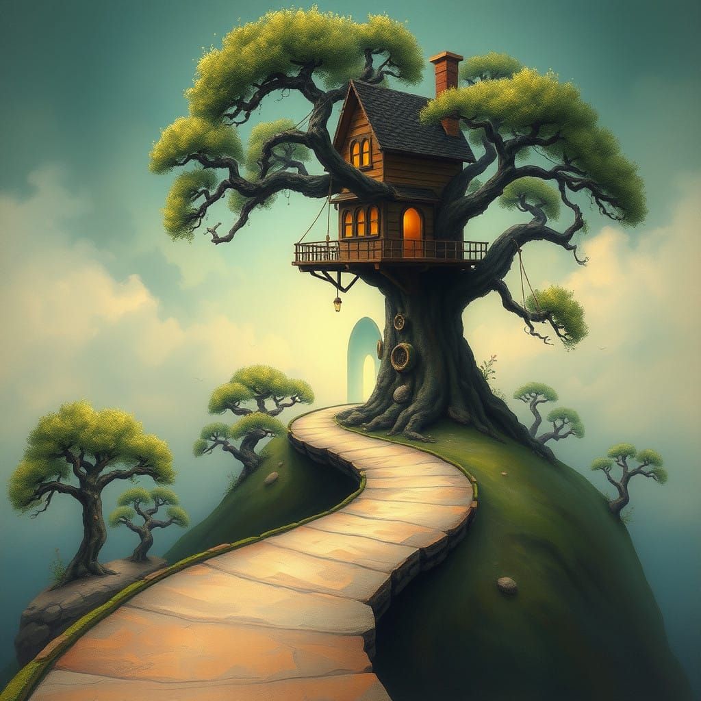 Dreamlike Whimsy: Surrealist Treehouse with Bonsai Portal