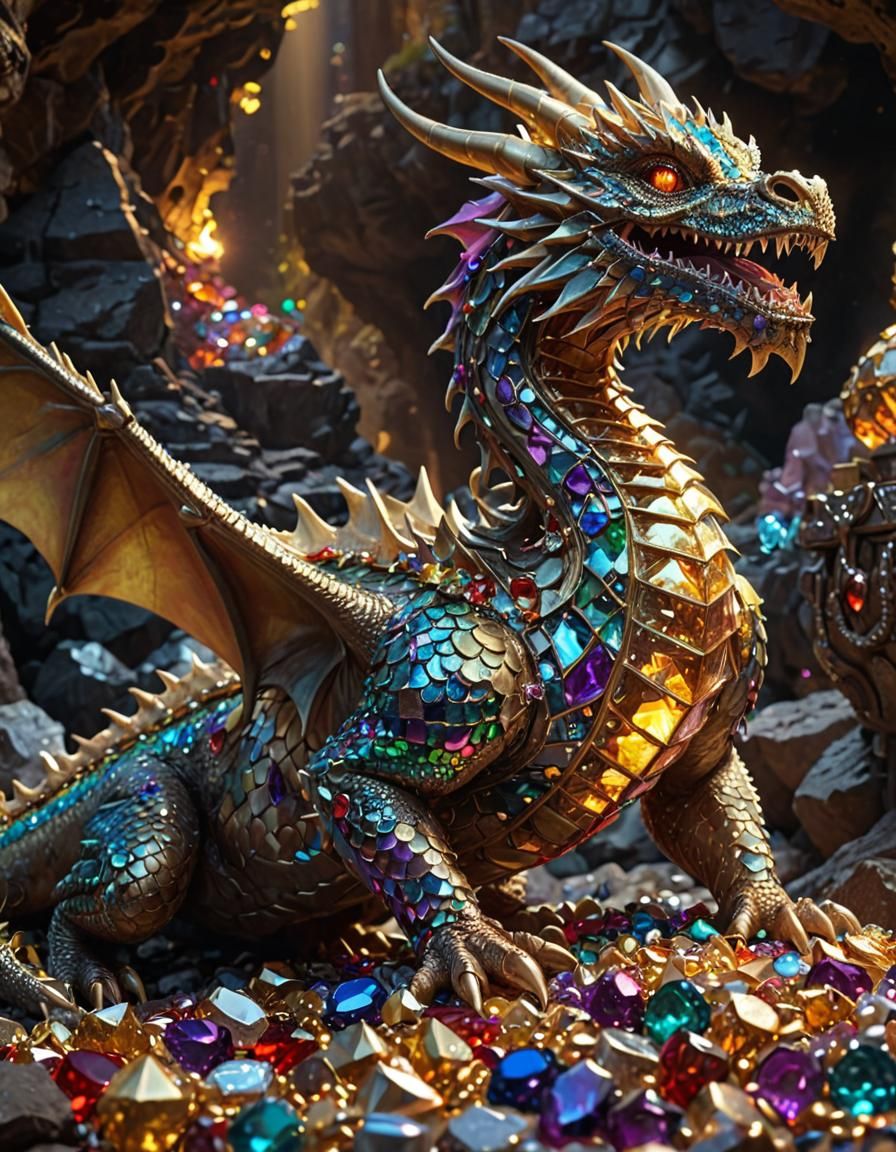Jeweled Dragon Guarding Treasure Trove in Cavern