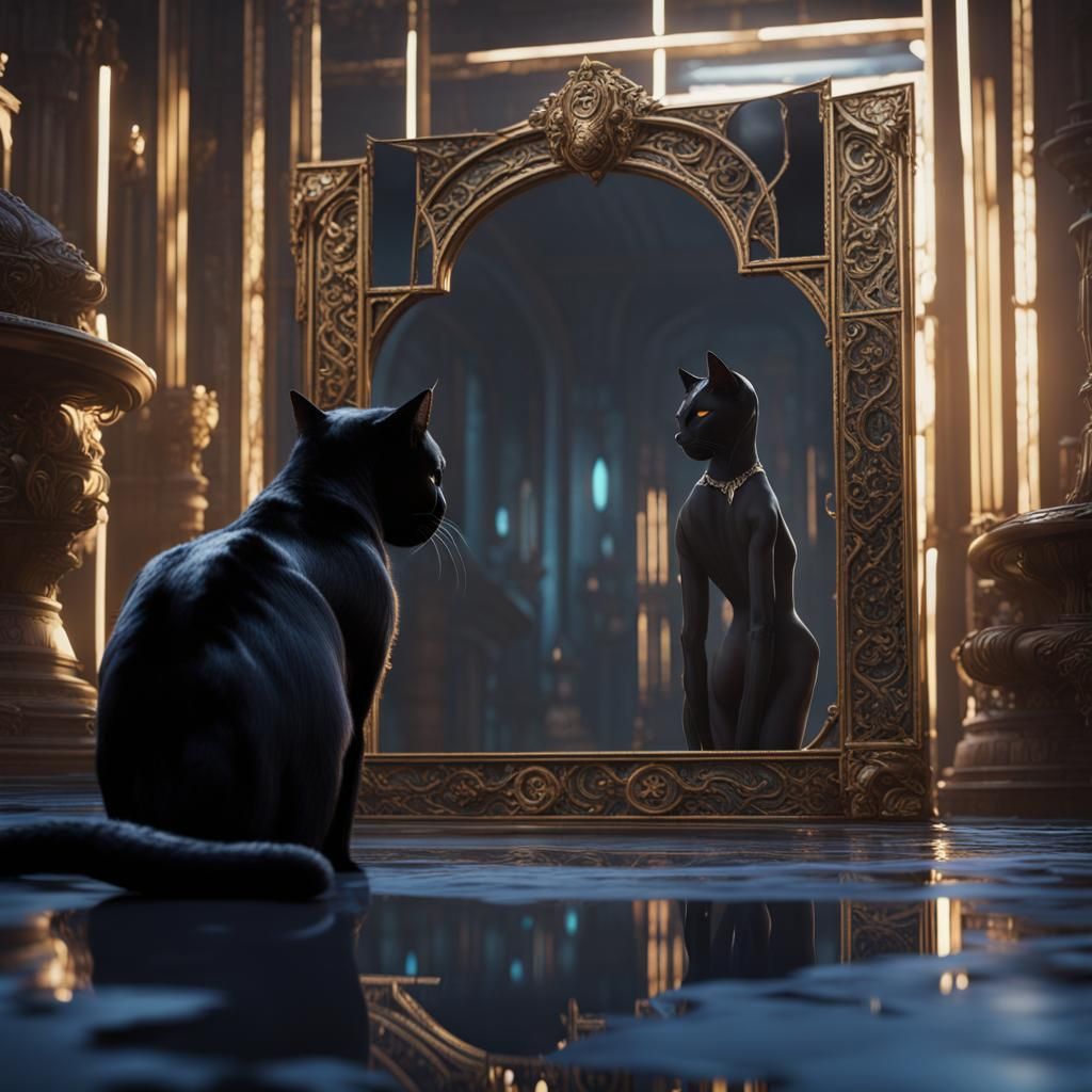 Black Cat and Panther Reflection in Matte Painting