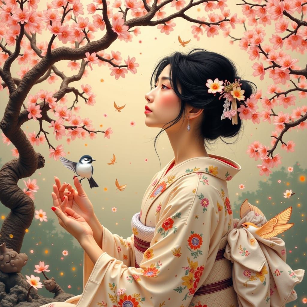 Woman in Kimono with Cherry Blossoms, Inksplash Style