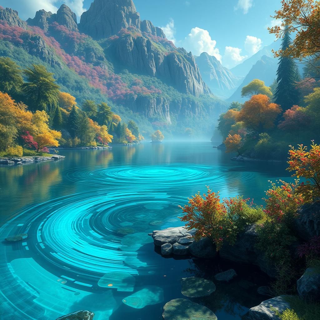 Rainbow Lake in Fantasy Landscape, Matte Painting Style