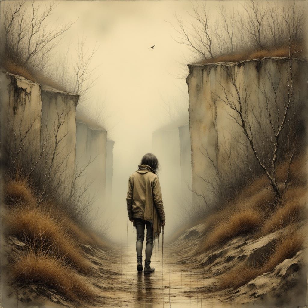 Desolate Figure in Surreal Landscape: Beksiński Style