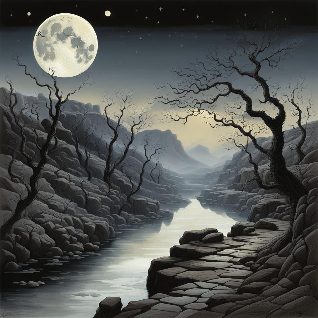 Eerie Moonlit Landscape with Red Accents