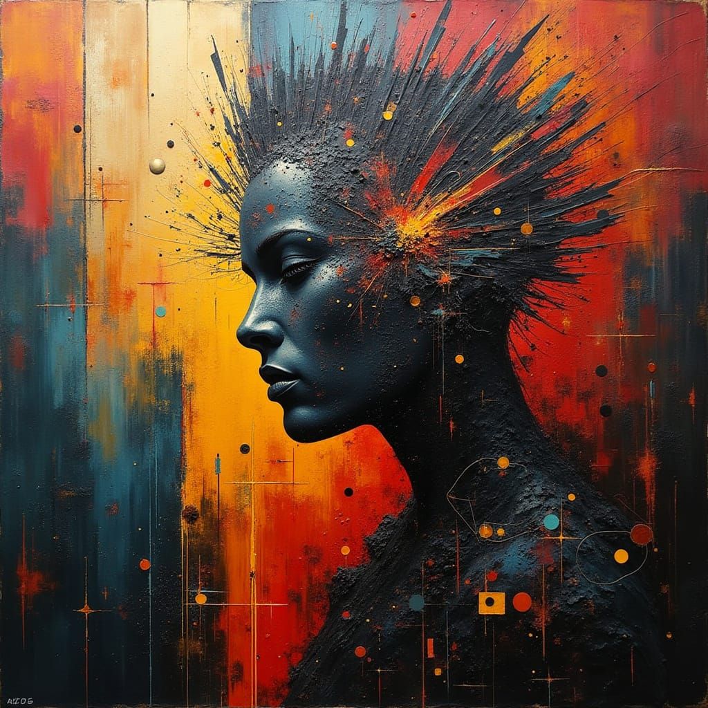 Vibrant Abstract Composition in Dark, Metallic Palette