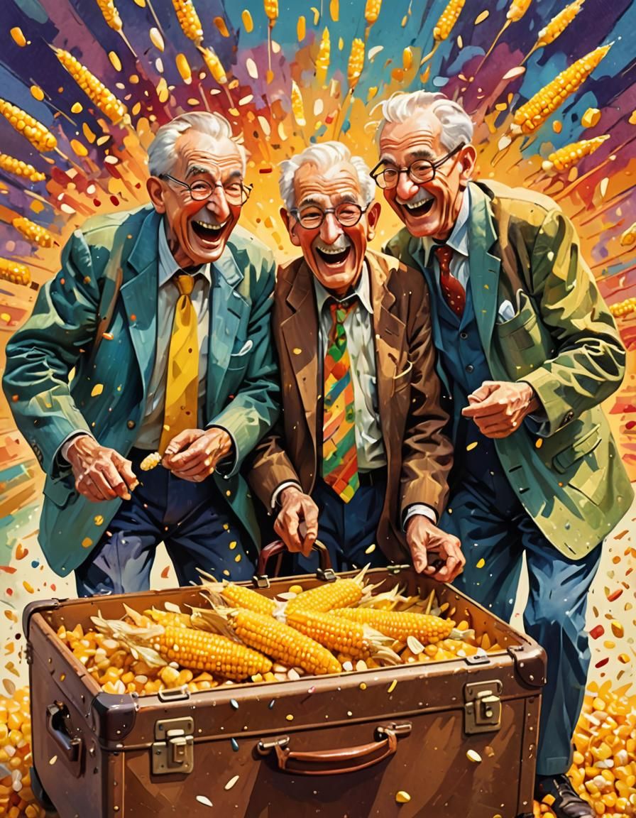 Elderly Men Pop From Corn, Impressionist Illustration