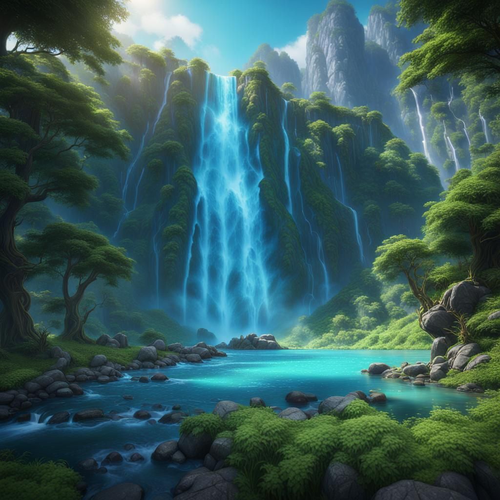 Blue Waterfall Surrounded by Green Mountains