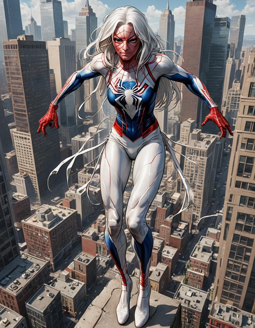 White-Haired Superheroine in Spider-Man Pose, 4K