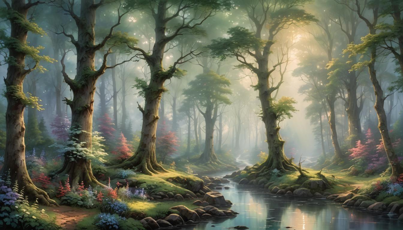 Ethereal Summer Forest in Thomas Kinkade Style