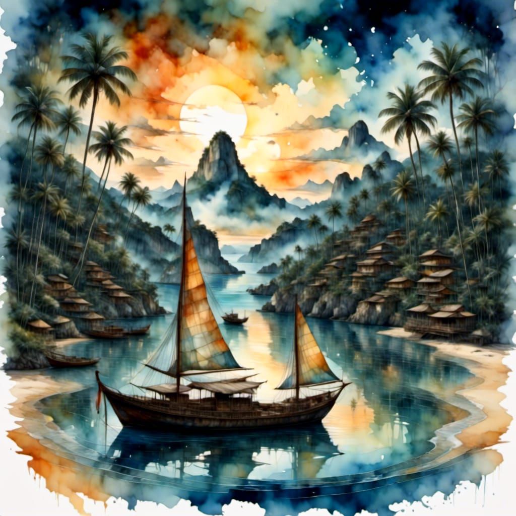 Tropical Boat in Watercolor Coastal Scene