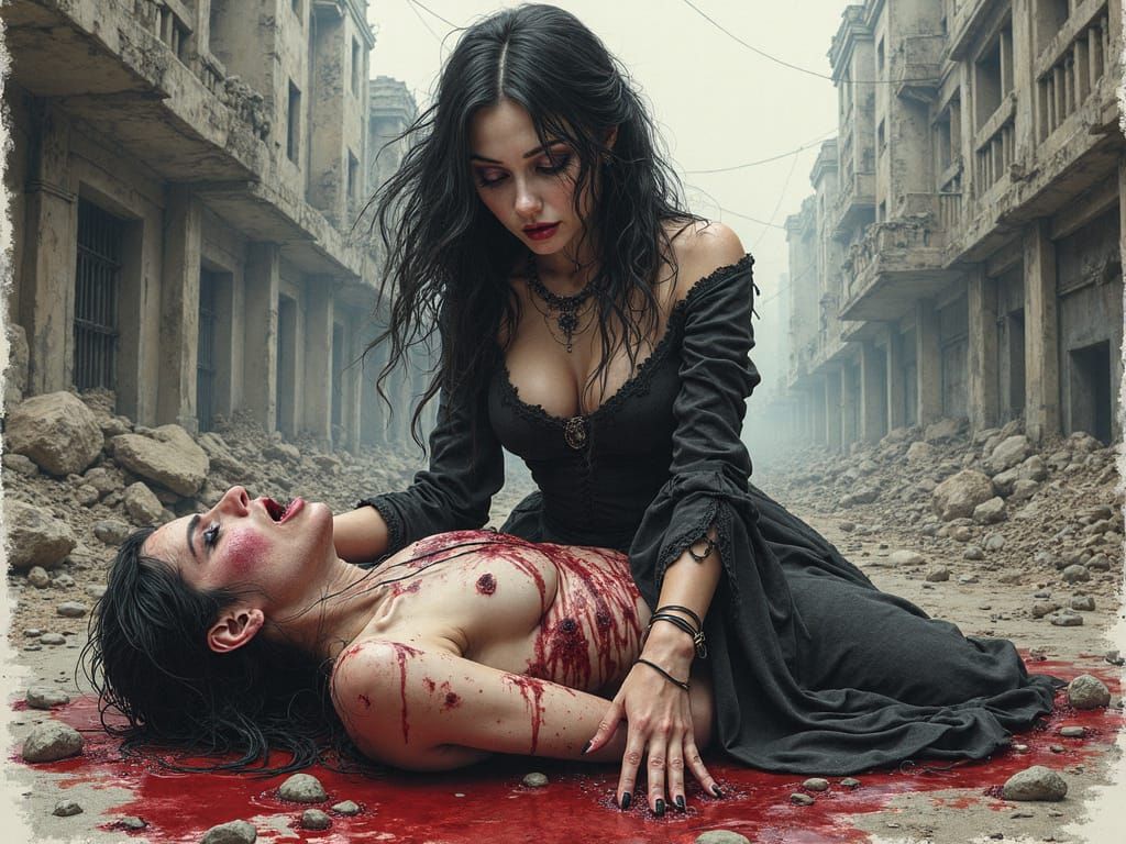 Vampiric Goddess Amidst Ruins in Dark, Gothic Style