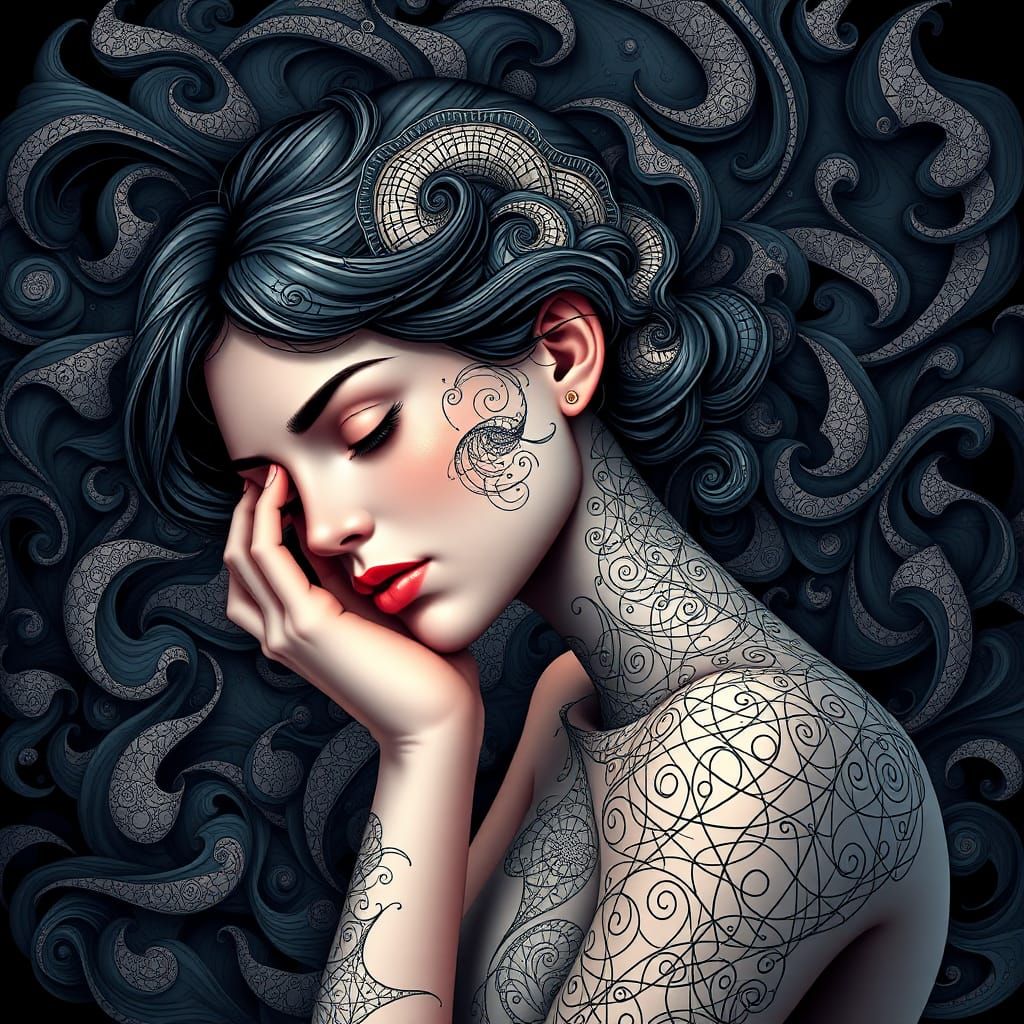 Contemplative Woman Surrounded by Abstract Fractals