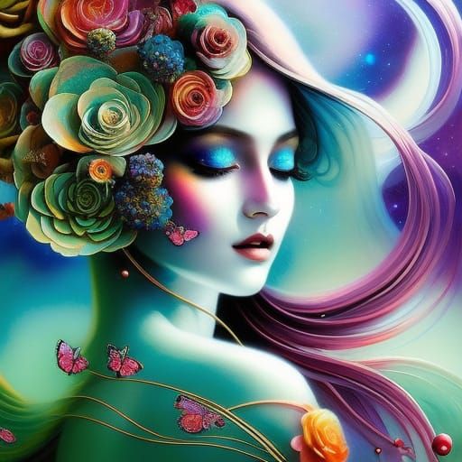 Retro-Futuristic Wildflower Poster with Girl in Rococo Style