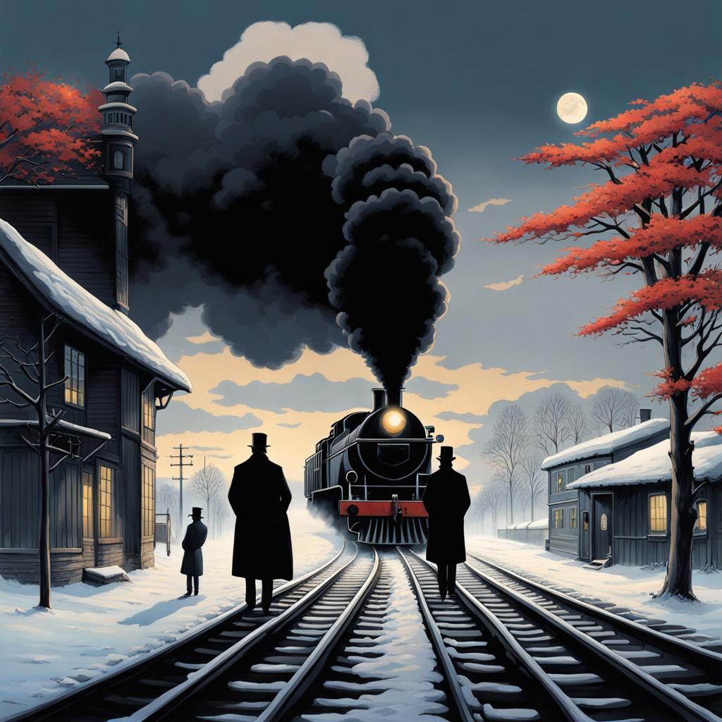Winter Landscape with Magritte Painting, Anime Style