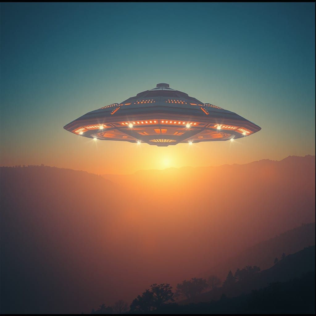 Ethereal UFO Descends on Misty Landscape in Cinematic Style