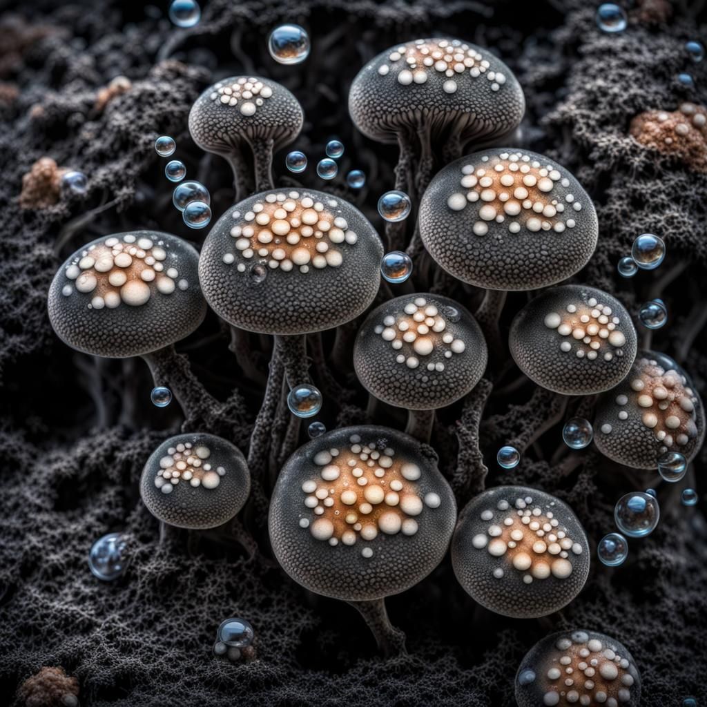 Hyperrealistic Black Mold Fantasy with Bubbles