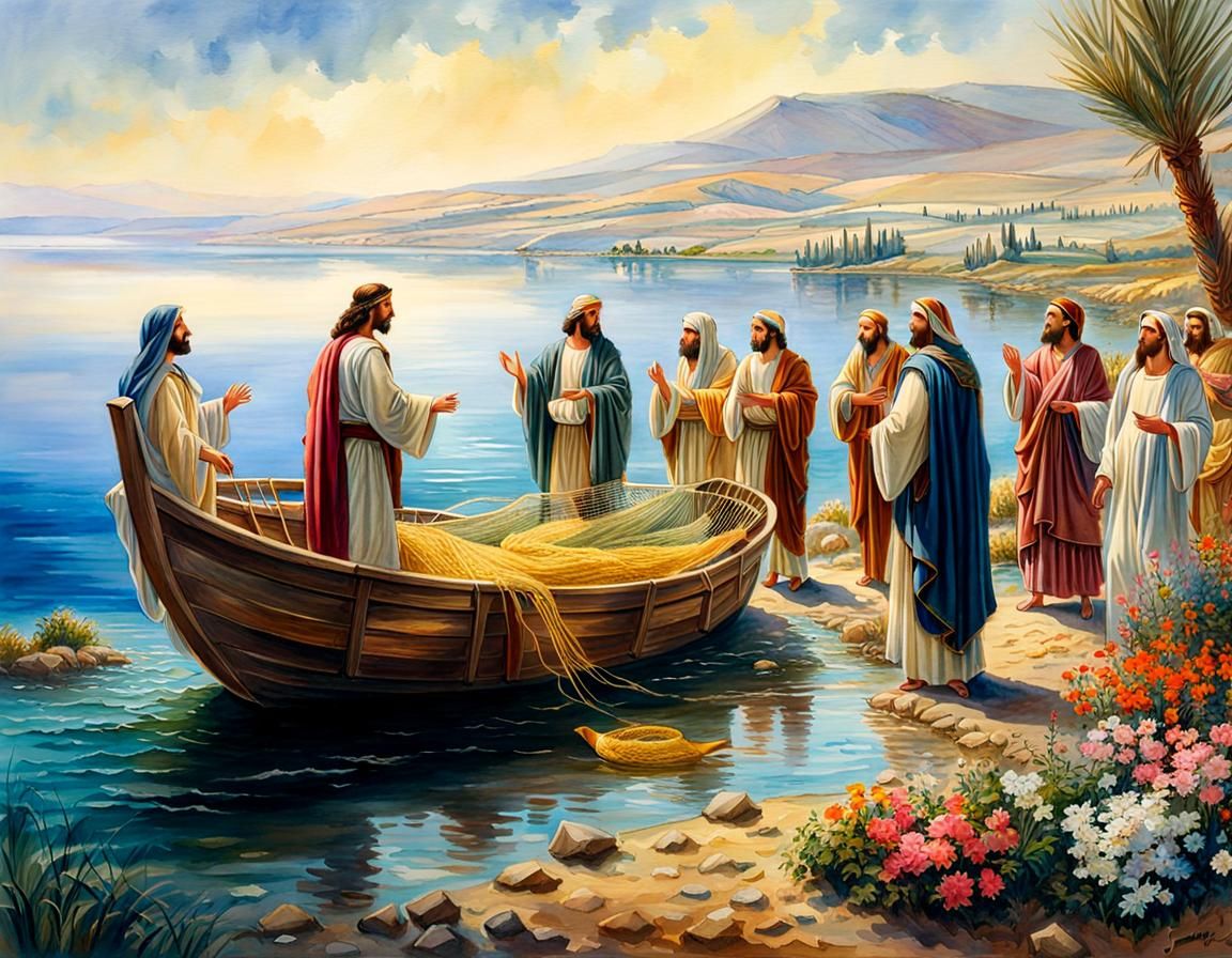 Jesus and Apostles: Watercolor Painting on Galilee Shore