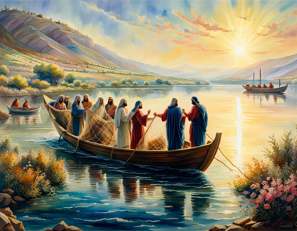 Jesus and Apostles: Watercolor Painting on Canvas