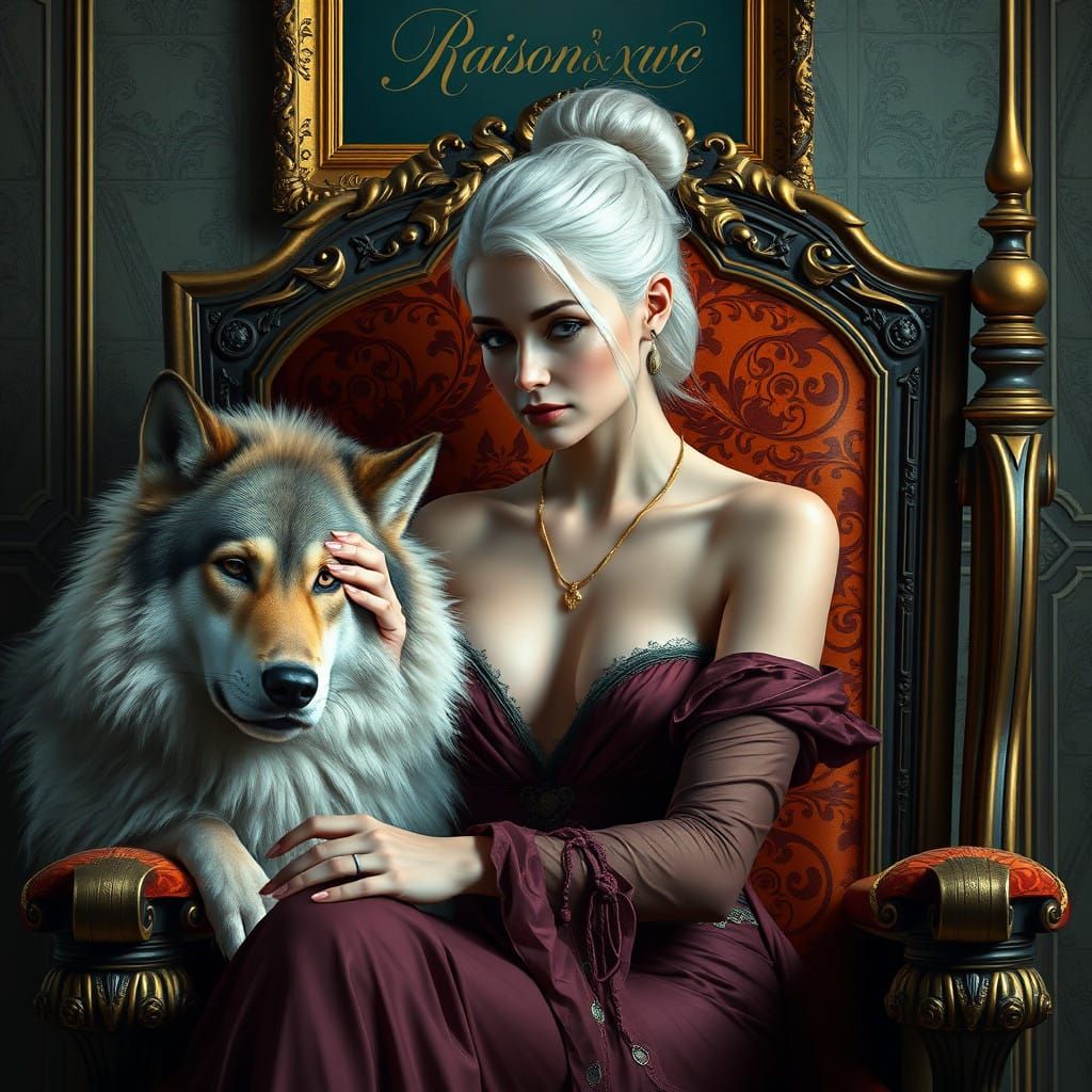 Regal Woman Petting a Wolf in Luxurious Setting