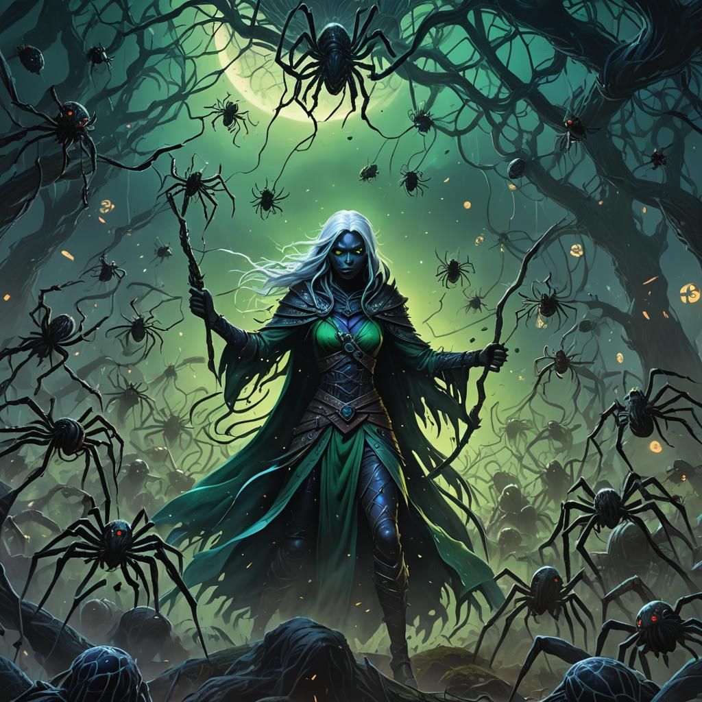 Drow Druid Controls Spiders in Dark Fantasy Art