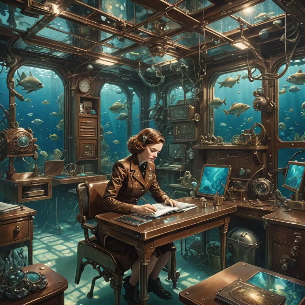 Underwater Classroom with Iridescent Desks in Dieselpunk Sty...