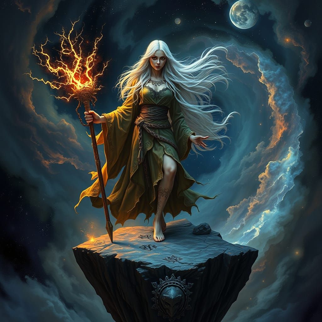 Nebula Sorceress on Floating Island in Dark Fantasy Style
