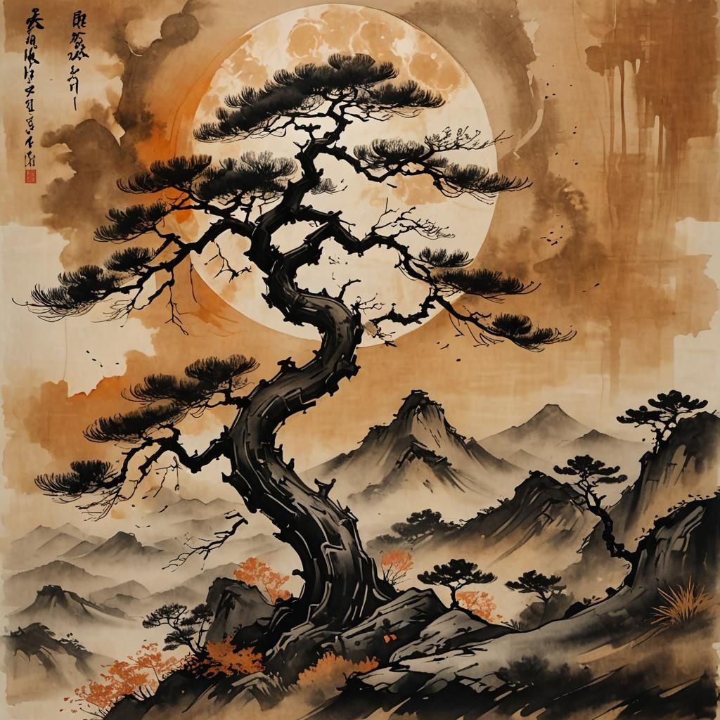 Black Pine Tree Under Summer Moon, Ink Painting