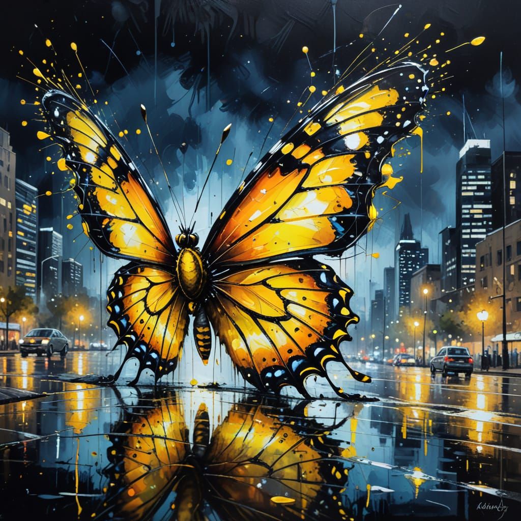 Butterfly in Night City, Oil on Canvas
