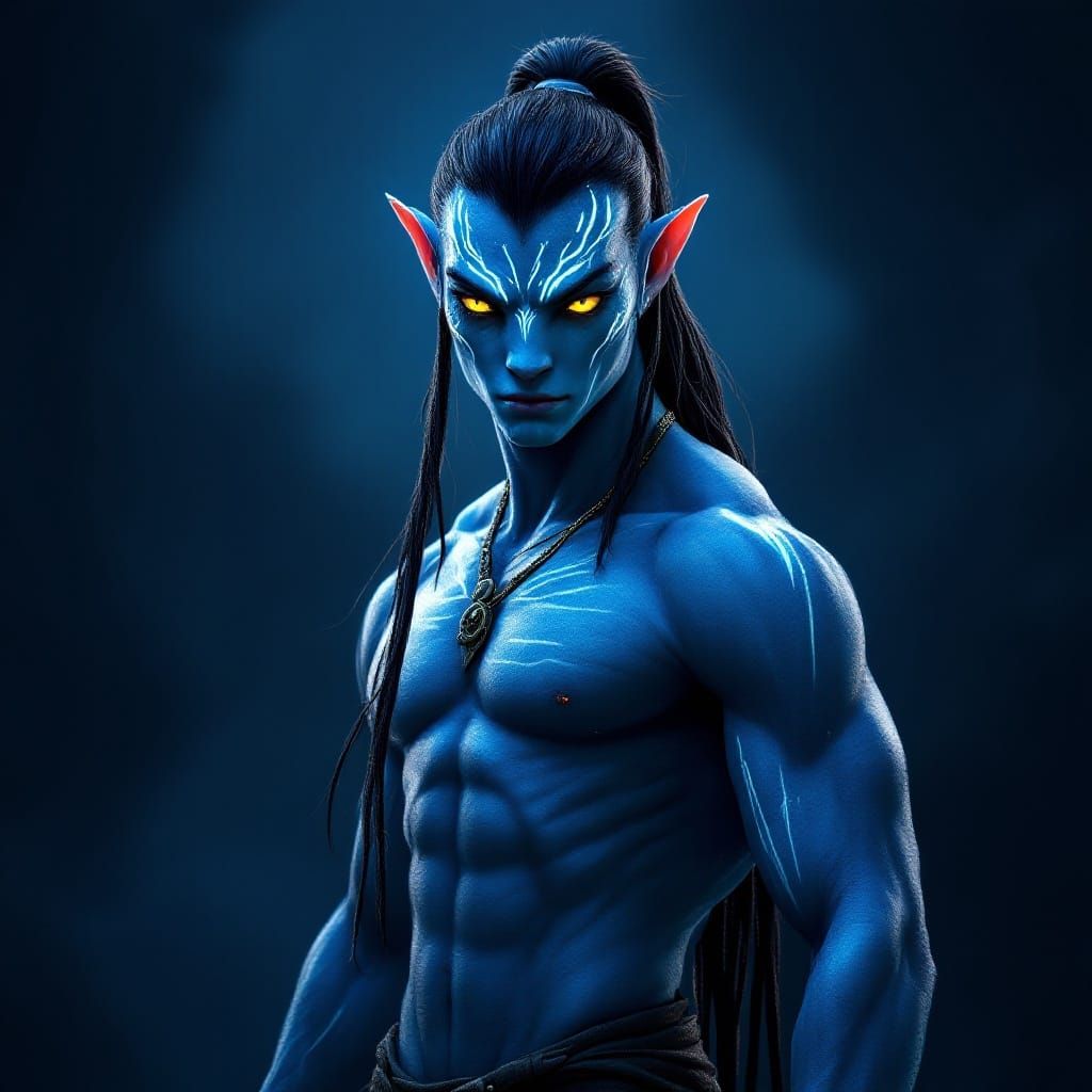 Courageous Na'vi Warrior with Vibrant Blue Skin and Intense....