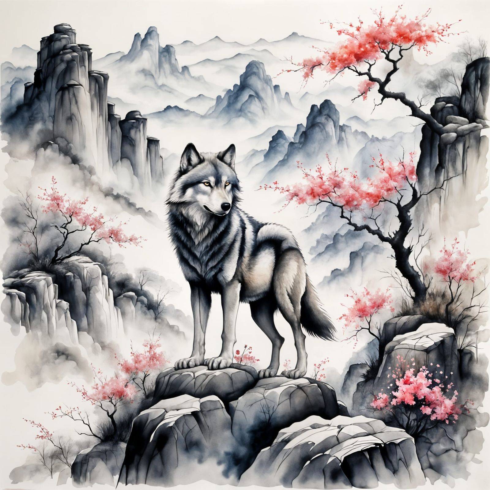Ethereal Wolf in Blossoming Landscape