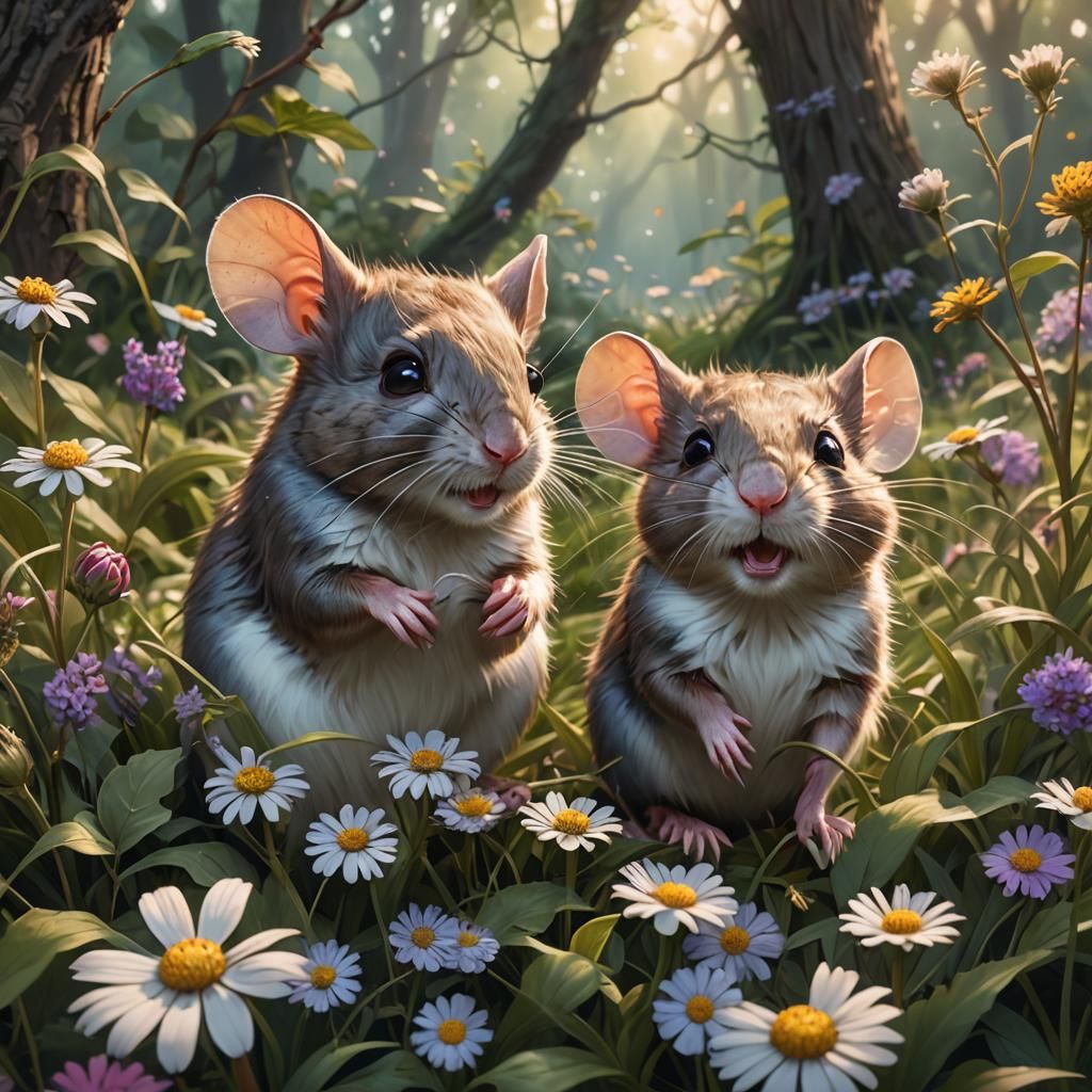 Mice Playing in Wildflower Meadow, Hyperdetailed Art