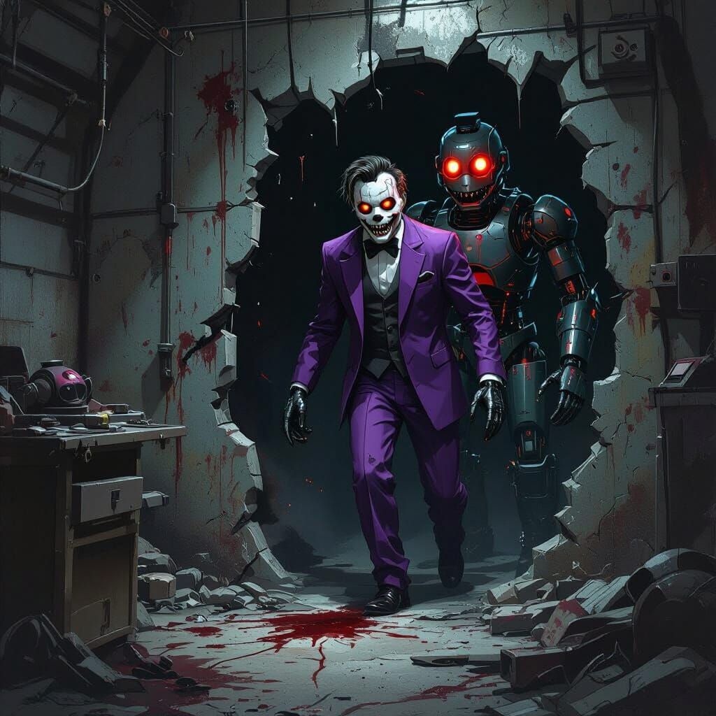 Nightmarish Animatronic Emergence in Grimy Workshop