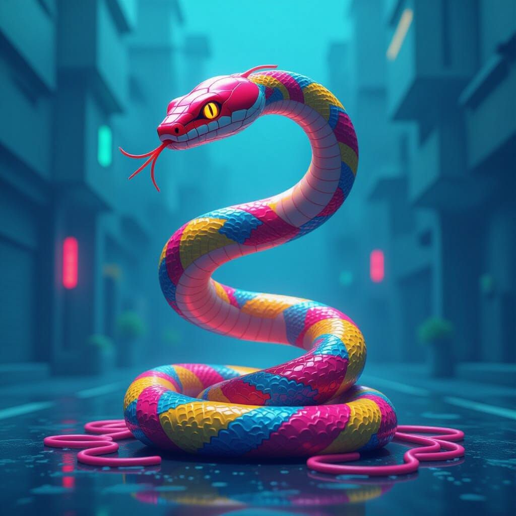 Neon Noodle Snake in Futuristic Style