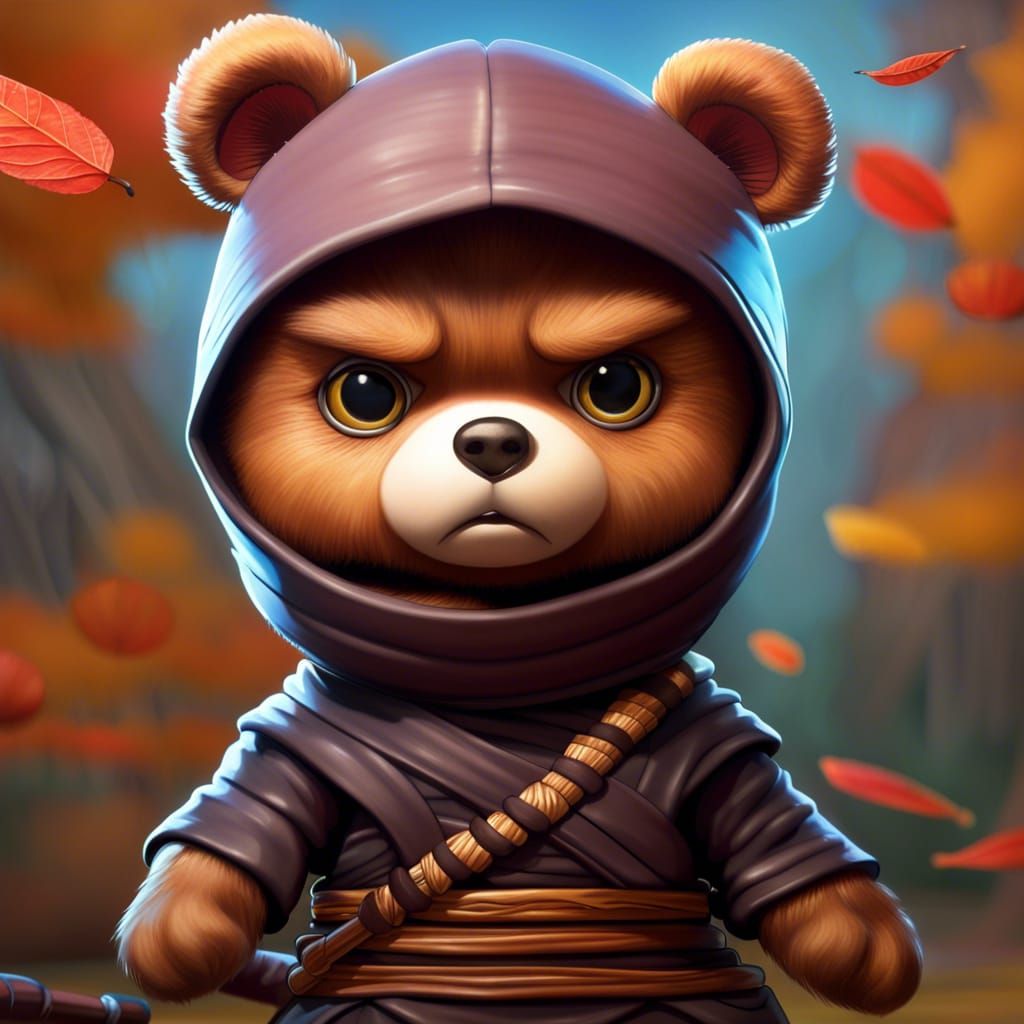 Teddy Bear Ninja Portrait in Chibi Comic Style