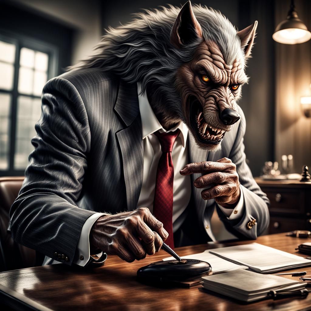 Hyperrealistic Werewolf Businessman in Sharp Focus