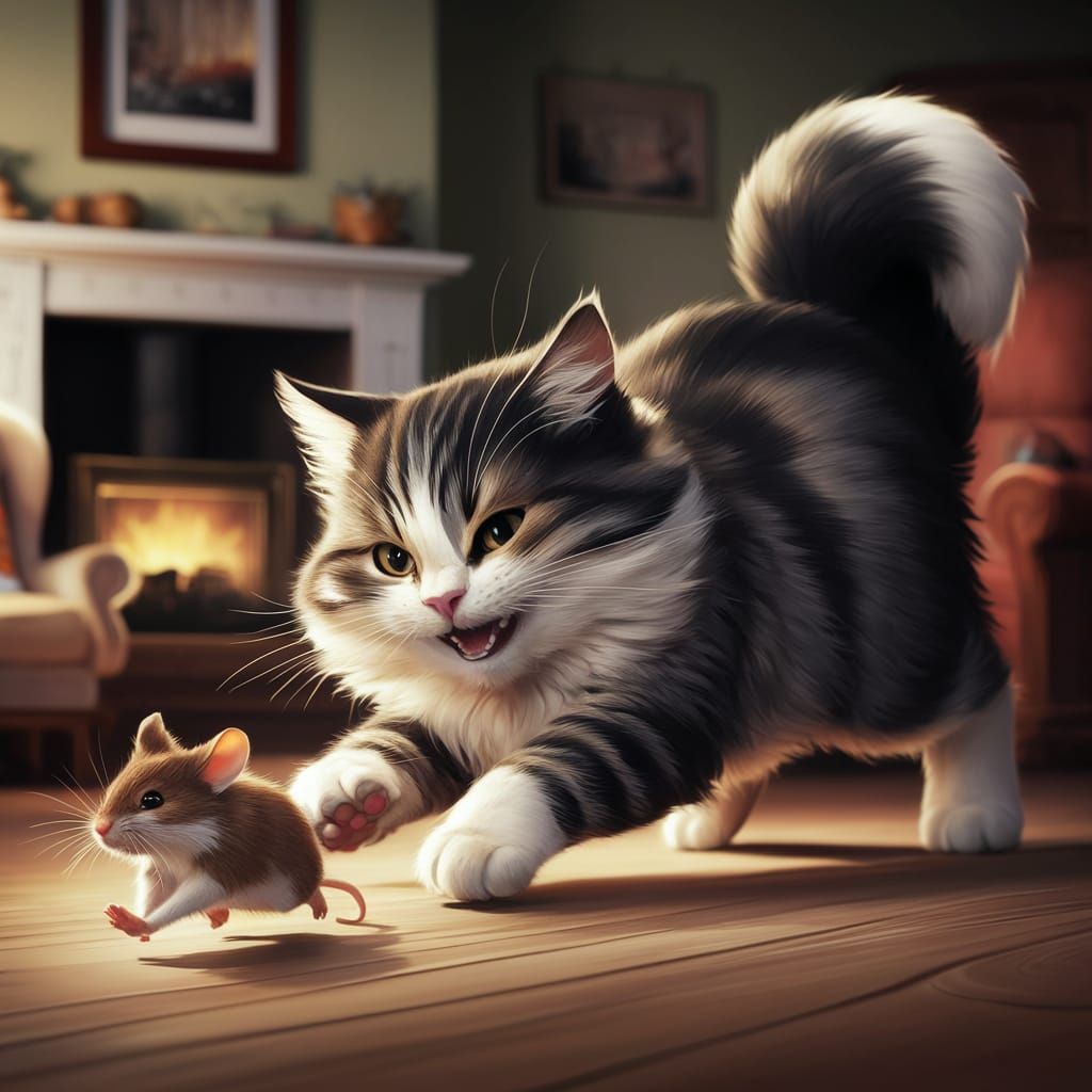 Playful Cat Chasing Mouse in Cozy Living Room
