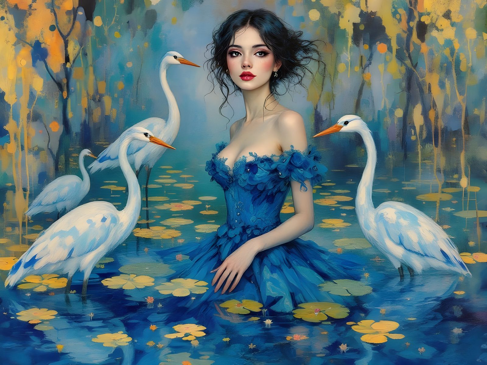Ethereal Blue Goddess in a Pond with Majestic Herons