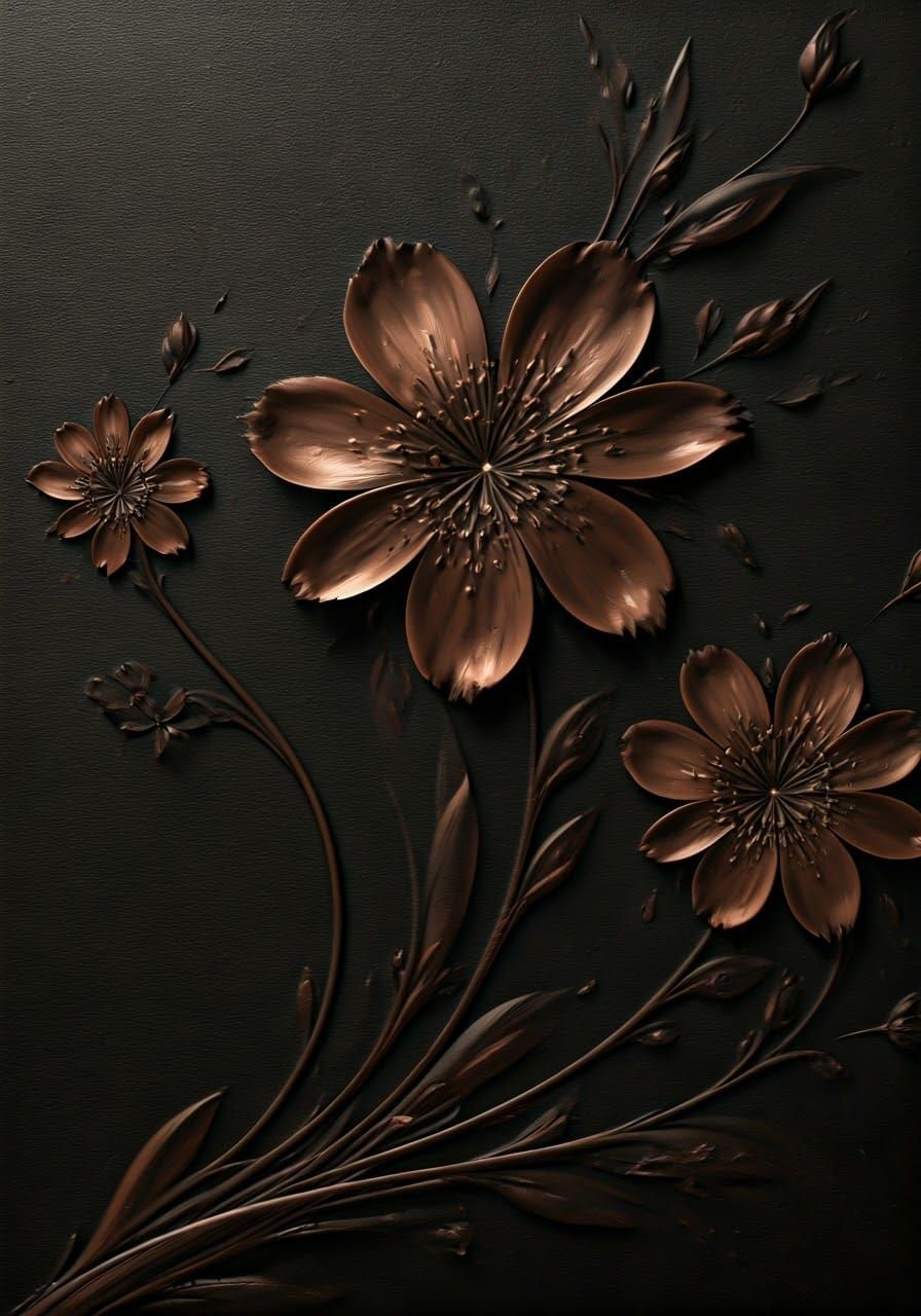 Textured Black Canvas with Delicate Brown Flowers