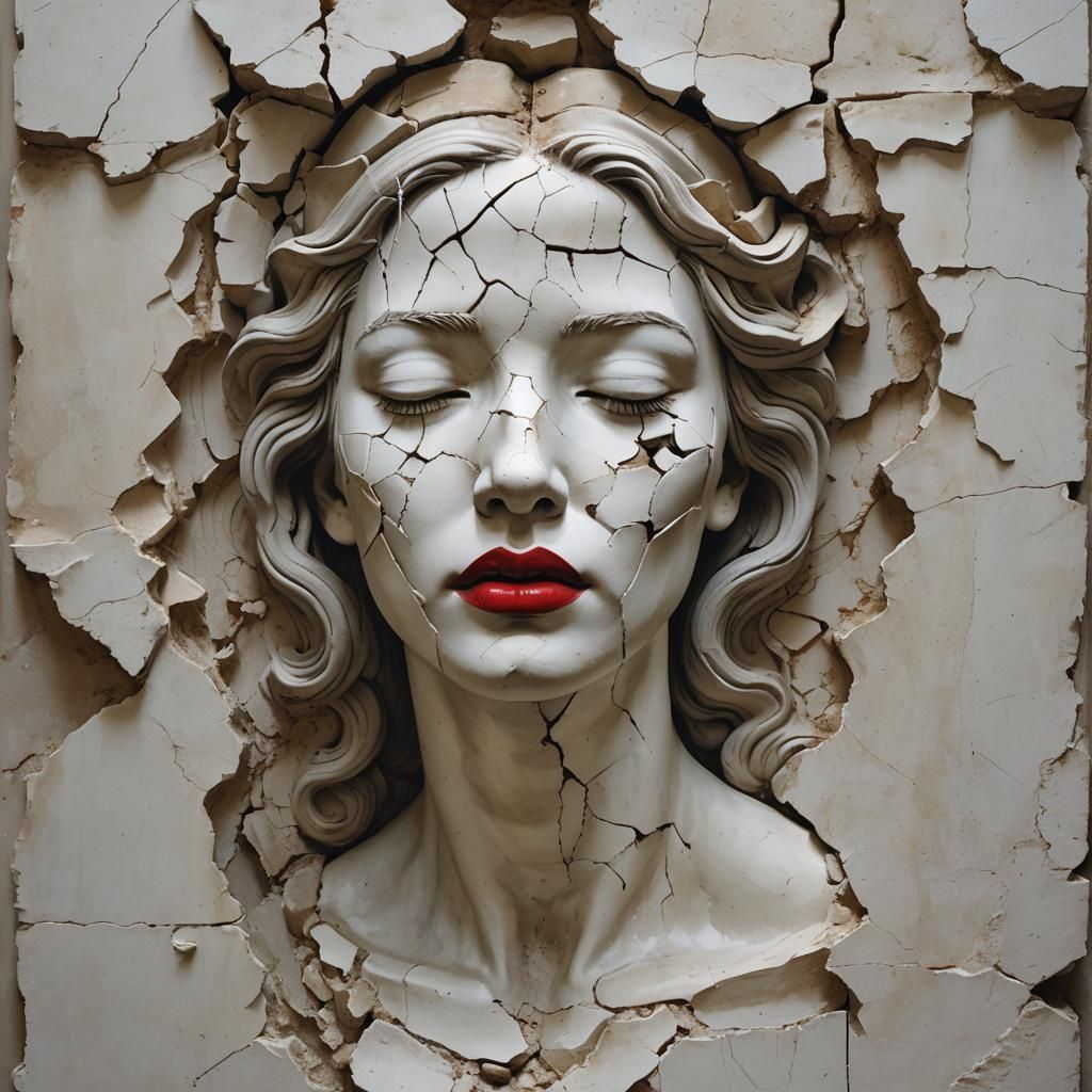 Cracked Sculpture of Woman Emerging from Wall