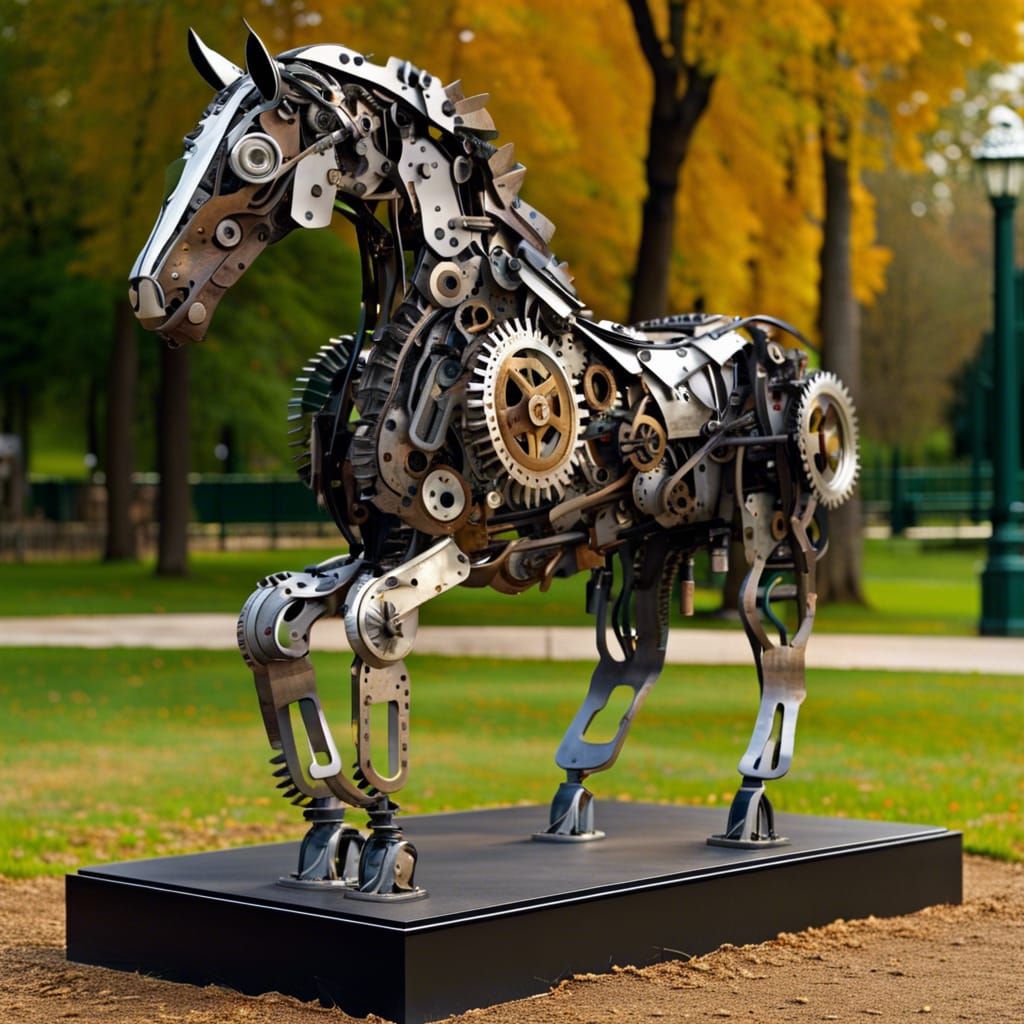Recycled Car Part Horse Sculpture in Park