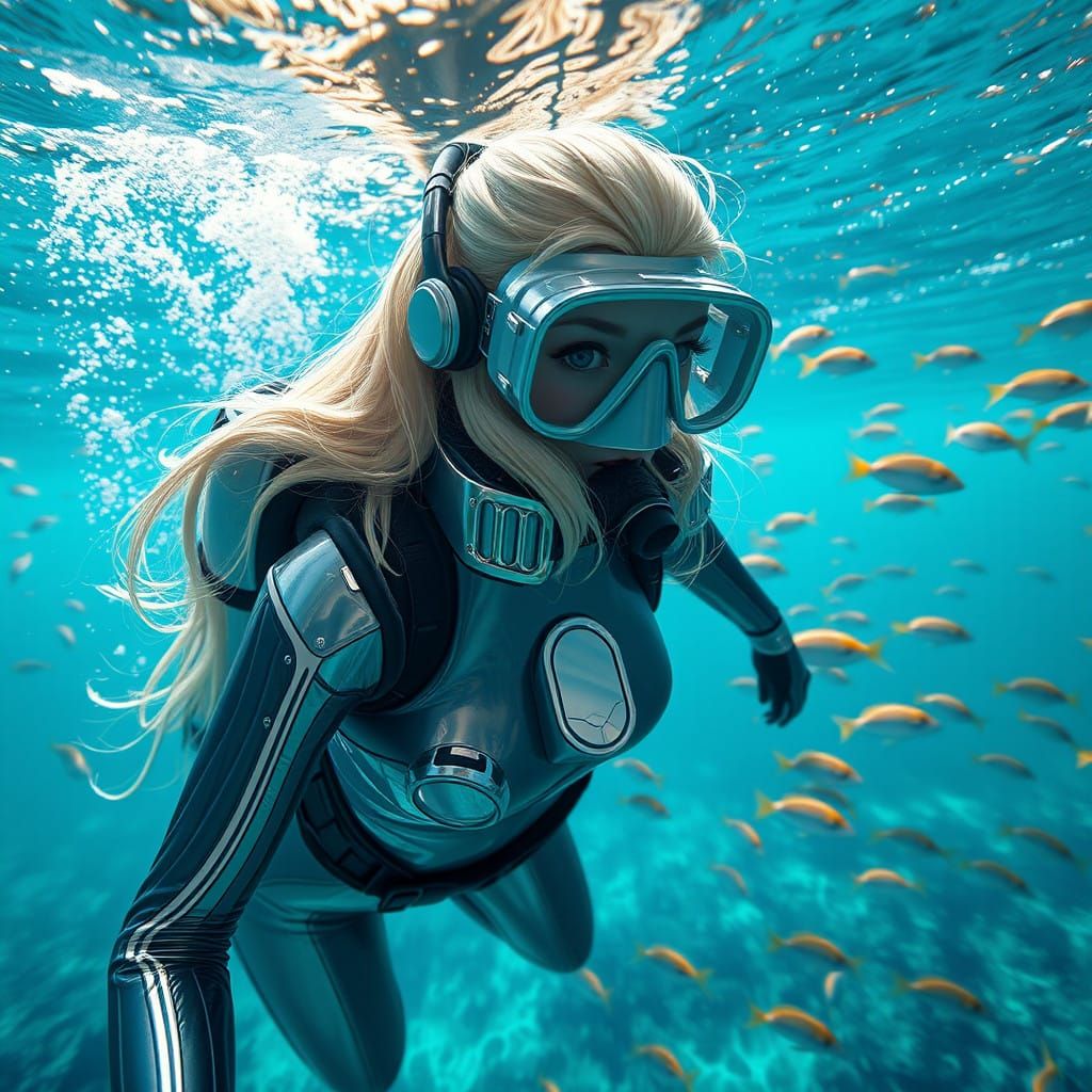 Blond Diver in Shimmering Latex Wetsuit Descends into Turquo...