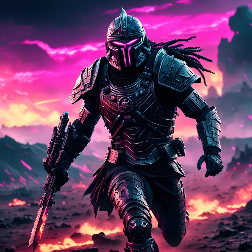 Dark Chaos Warrior on Battlefield in Synthwave Style