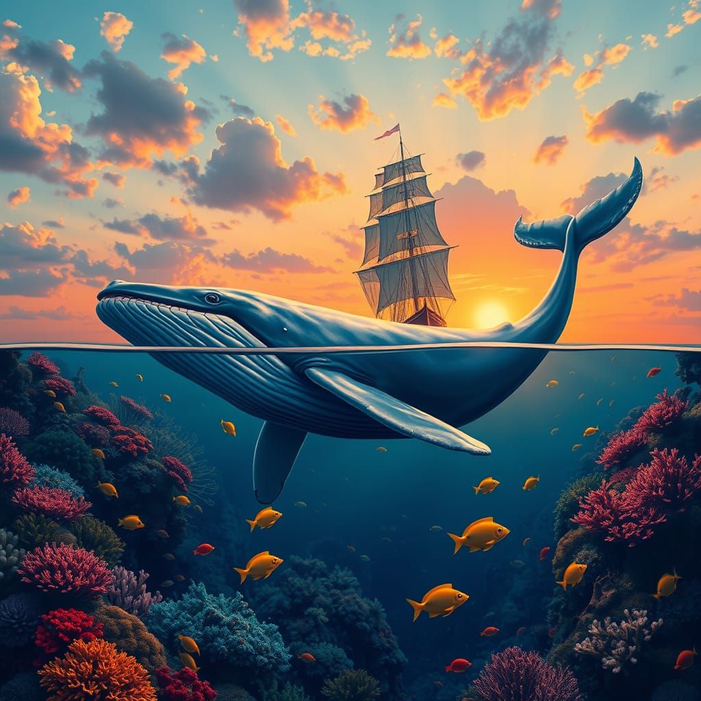 A stunning underwater scene split by the surface, showcasing a majestic humpback whale gracefully swimming amidst colorf...