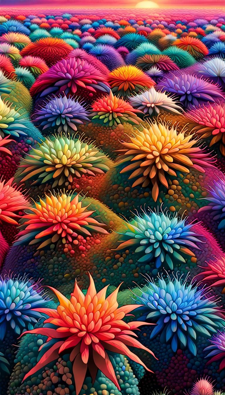 Iridescent Fractal Flowers on Neon Savannah