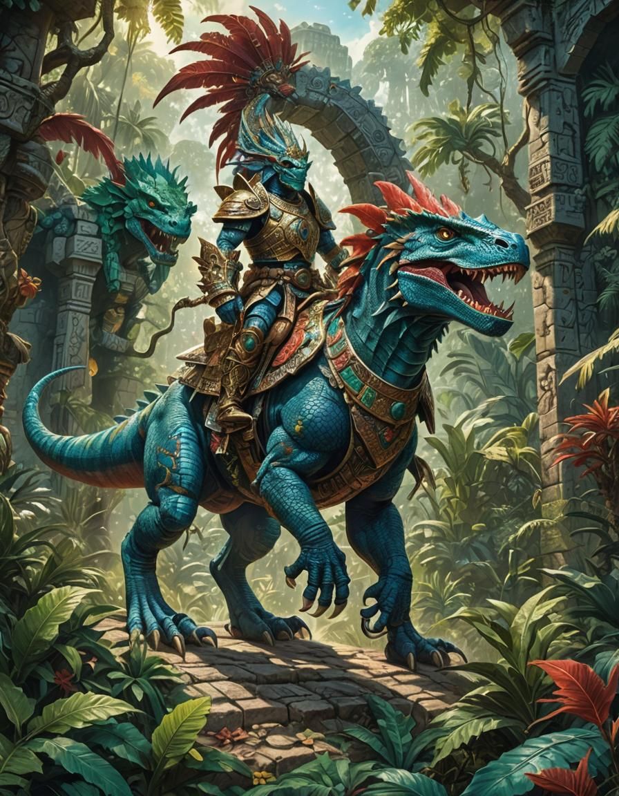 Lizardman Warrior on Raptor in Aztec Jungle