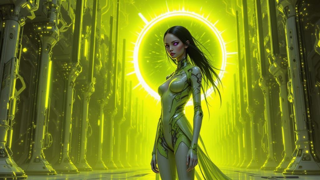 bright surrealism. In a futuristic city <lora:Inverse V2:1.0> , A slender cybernetic rustic beautiful woman wearing a si...